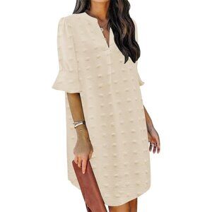 Womens Cream 100%Polyester V-Neck Loose Fit Short Sleeve Knee Length Shift Dress